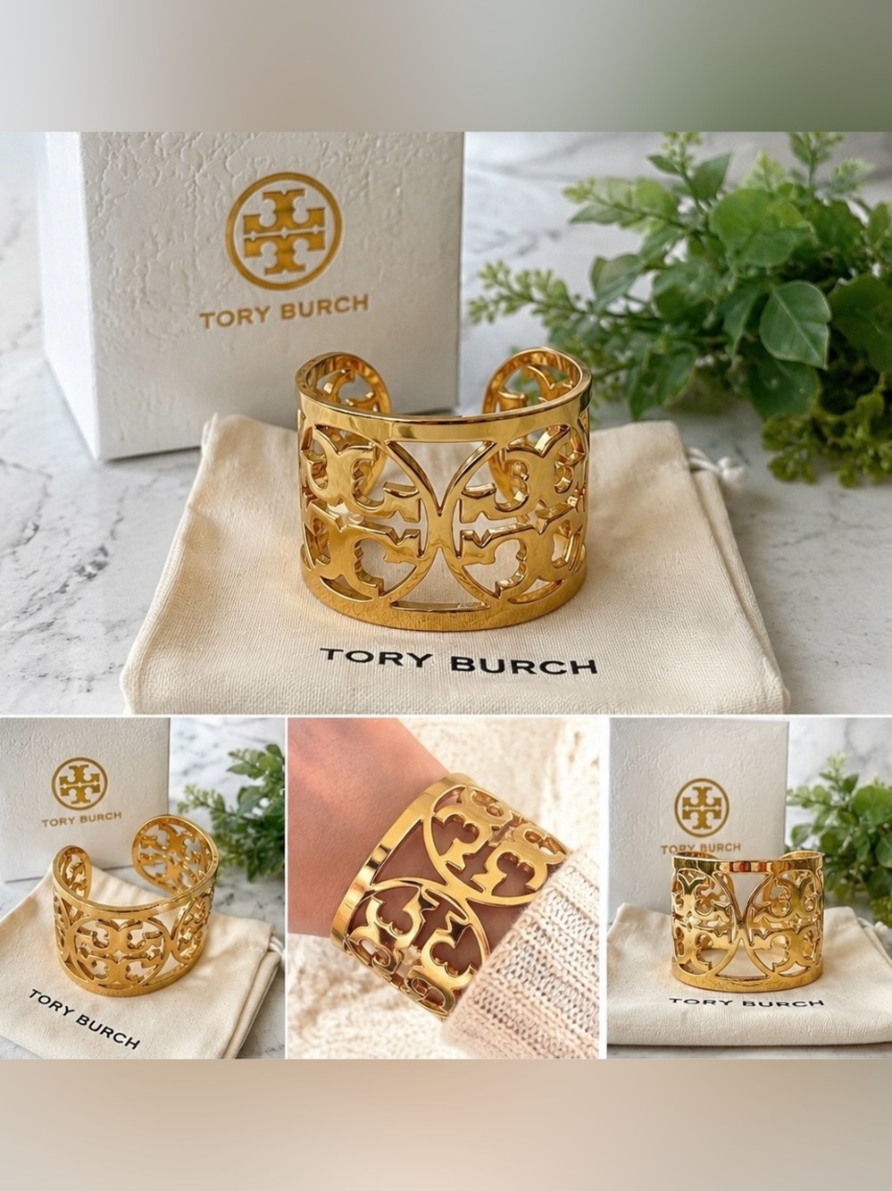 Tory Burch Shiny Gold Plated Cutout Filigree Cuff Bracelet